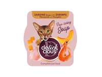 Delickcious™ Krevečių skonio sardinių sriuba moliūgais. Visavertis konservuotas pašaras suaugusioms katėms, 80 gr