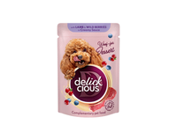Delickcious™ „Dribsniai su ėriena ir miško uogomis kreminiame padaže“ konservuotas maistas suaugusiems šunims, 80 gr 