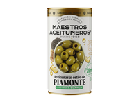 Žalios be kauliukų alyvuogės MAESTROS ACEITUNEROS, „Piamonte“ su baltųju trumų skoniu, 320/150 g