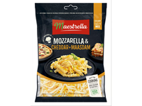 Sūrių mišinys MAESTRELLA, Mozzarella, Cheddar, Maasdam, 44%, šiaudeliais, 150g