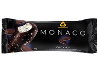 Valgomieji ledai MONACO COOKIES su sausainių gabalėliais ir glaistu ant pagaliuko, 80 g, 140 ml