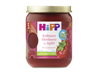 Ekologiška braškių, aviečių ir obuolių tyrelė HIPP, 5+ mėn., 160 g