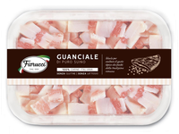 Sūdytos kiaulių pažandės FIORUCCI, Guanciale di suino, su prieskoniais, kubeliais, nerūšinė, 100g