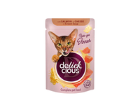 Delickcious™ „Juostelės su lašiša ir sūriu kreminėje sriuboje“ visavertis konservuotas maistas suaugusioms katėms, 85 gr 