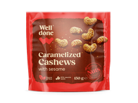 Karamelizuoti anakardžiai su sezamais WELL DONE, 150 g