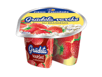 GRŪDĖTA varškė  su braškėmis, 7 % rieb., 150 g