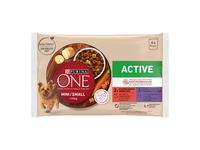 Šlapias ėdalas šunims ONE MINI Active, su jaut., mak. ir darž. padaže, 4x85 g