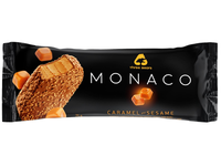 Valgomieji ledai MONACO karamelės skonio, su įdaru, glaistyti, dekoruoti su sezamų sėklomis, 75g,140