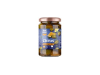 Konservuotos žaliosios alyvuogės WELL DONE citrusinių vaisių marinate (be kauliukų), 340 g