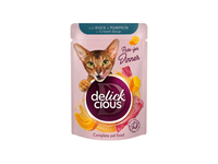 Delickcious™ „Juostelės su antiena ir moliūgu kreminėje sriuboje“ visavertis konservuotas maistas suaugusioms katėms, 85 gr