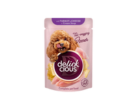 Delickcious™ „Juostelės su kalakutiena ir sūriu kreminėje sriuboje” visavertis konservuotas pašaras suaugusiems šunims, 85 gr