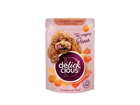Delickcious™ „Juostelės su lašiša ir morkomis kreminėje sriuboje“ visavertis konservuotas maistas suaugusiems šunims, 85 gr