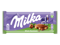 Pieninis šokoladas MILKA su neskaldytais lazdynų riešutais, 95 g