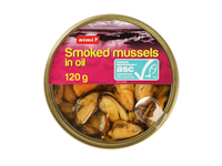Rūkytos midijos aliejuje RIMI, 120 g/72 g ASC