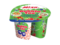 Jogurtas MIAU su braškių ir juododios arbatos skonioburbuliukais BUBBLE TEA, 3 % rieb., 140 g
