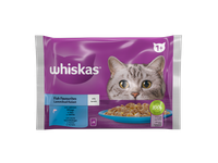 Konservuotas suaugusių kačių ėdalas WHISKAS, lašišos ir tuno rinkinys,4 x 85g