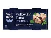 Gelsvauodegių tunų gabaliukai savo sultyse WELL DONE, 240 g