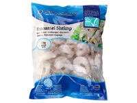Šaldytos baltakojės blyškiosios krevetės, nevirtos, luptos, su uodega, 16/20, 25% glazūros, 750 g